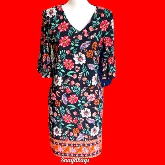 LAUNDRY NWT BLUE FLORAL SHIFT DRESS FLUTTER 3/4” SLEEVES SIZE 6 - Picture 2 of 8
